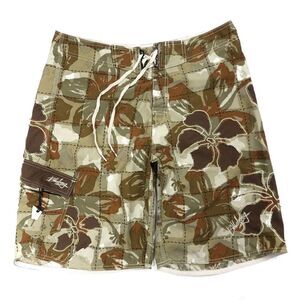 VINTAGE Billabong Patchwork Camo Hawaiian Floral Swim Trunks Military Green 34